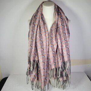 Sow & Sew Pink Plaid Wool & Viscose Woven Scarf With Fringe Details